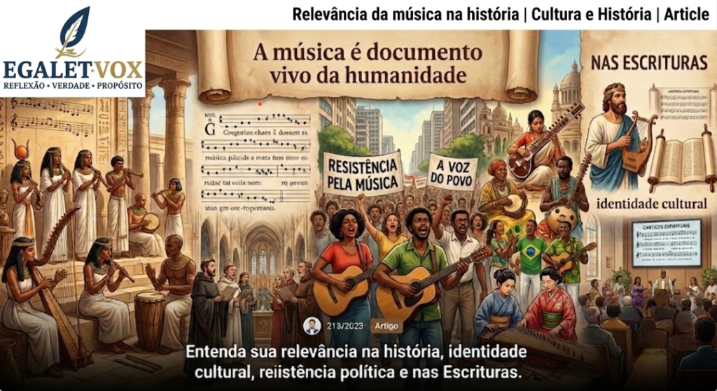 Flauta de osso antiga e partitura medieval simbolizando a relevância da música na história humana