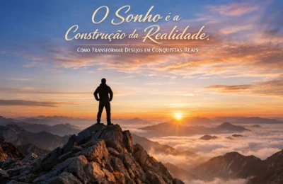 Silhueta de pessoa no topo de uma montanha ao amanhecer, com frase inspiradora sobre o poder de sonhar