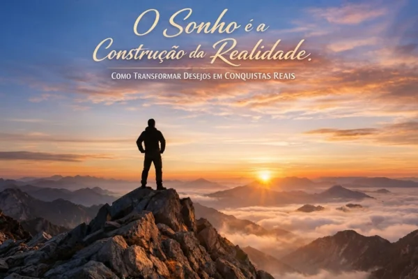 Silhueta de pessoa no topo de uma montanha ao amanhecer, com frase inspiradora sobre o poder de sonhar