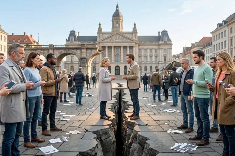 Praça pública dividida ao meio por uma fissura na pedra, com grupos de pessoas separadas e duas pessoas no centro tentando conversar em tom conciliador, simbolizando o diálogo na crise da democracia.