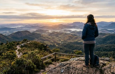 essoa contempla uma paisagem ao amanhecer, simbolizando reflexão e qualidade de vida.amanhecer.jpg