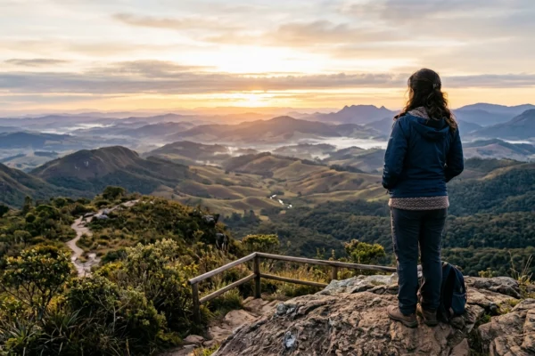 essoa contempla uma paisagem ao amanhecer, simbolizando reflexão e qualidade de vida.amanhecer.jpg